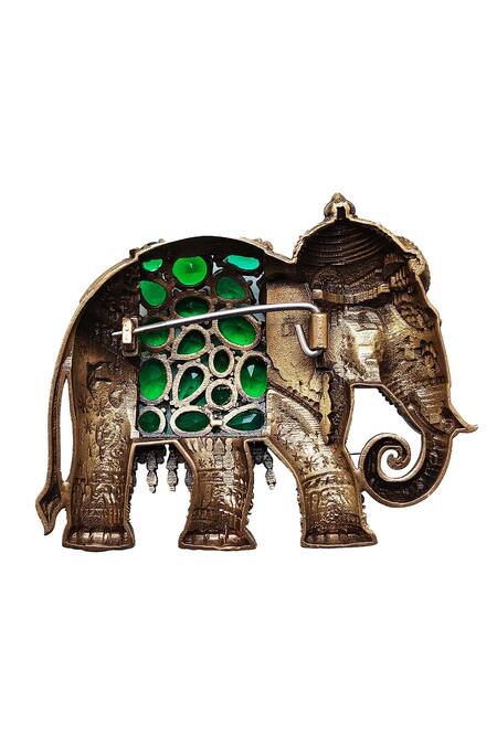 Cosa Nostraa_Gold Stones Antique Elephant Brooch With Emerald _at_Aza_Fashions