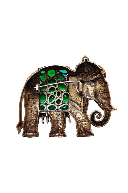 Buy_Cosa Nostraa_Gold Stones Antique Elephant Brooch With Emerald 