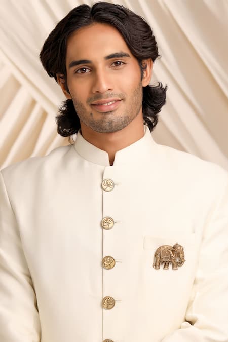 Shop_Cosa Nostraa_Gold Stones Antique Elephant Carved Brooch _at_Aza_Fashions