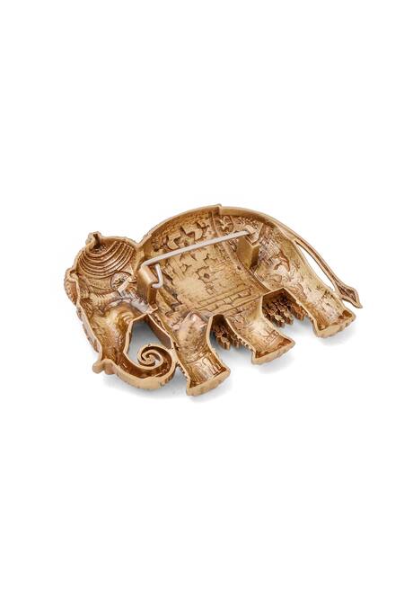 Shop Cosa Nostraa Gold Stones Antique Elephant Carved Brooch Online at Aza Fashions Shop_Cosa Nostraa_Gold Stones Antique Elephant Carved Brooch _Online_at_Aza_Fashions