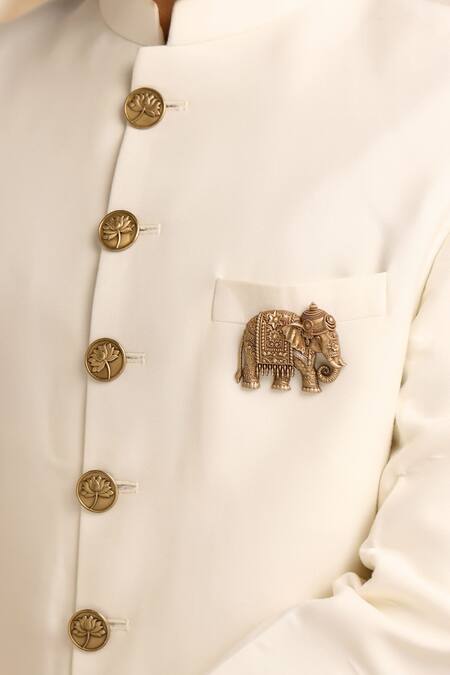 Cosa Nostraa_Gold Stones Antique Elephant Carved Brooch _at_Aza_Fashions