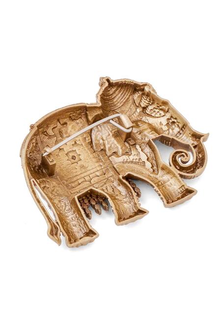 Shop_Cosa Nostraa_Gold Stones Heritage Elephant Carved Brooch _Online_at_Aza_Fashions