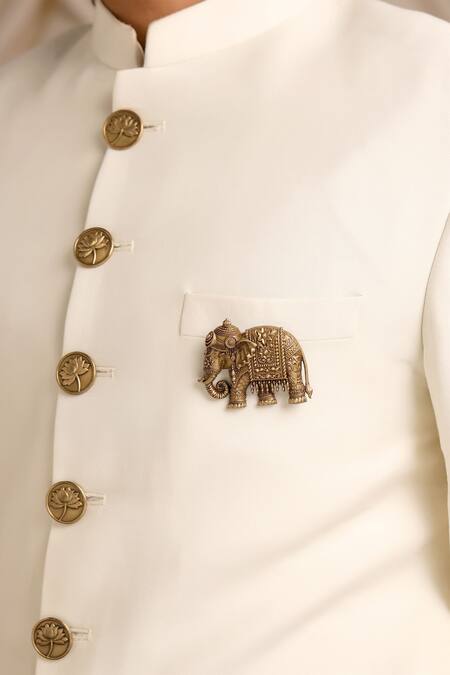 Cosa Nostraa_Gold Stones Heritage Elephant Carved Brooch _at_Aza_Fashions