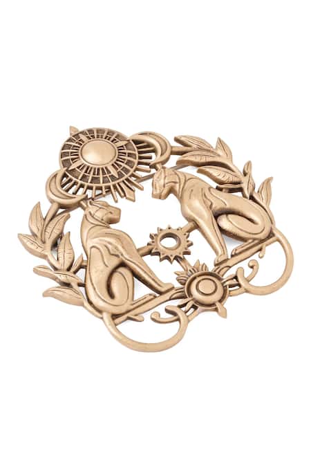 Buy_Cosa Nostraa_Gold Antique Feline Motif Brooch _Online_at_Aza_Fashions