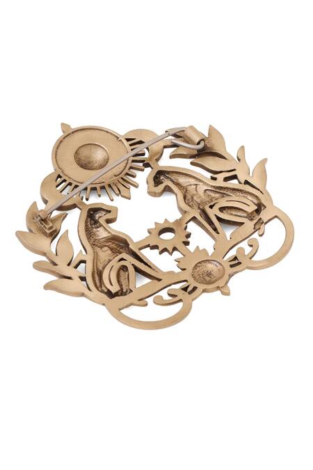 Shop_Cosa Nostraa_Gold Antique Feline Motif Brooch _Online_at_Aza_Fashions