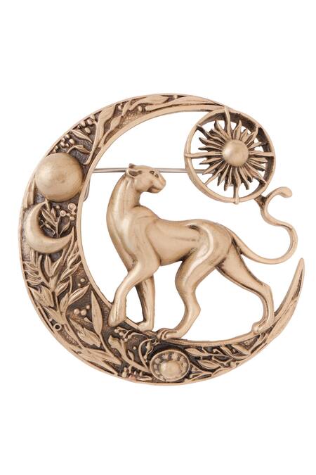Cosa Nostraa_Gold Antique Panther Crescent Moon Brooch _Online_at_Aza_Fashions