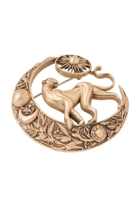 Shop_Cosa Nostraa_Gold Antique Panther Crescent Moon Brooch _Online_at_Aza_Fashions