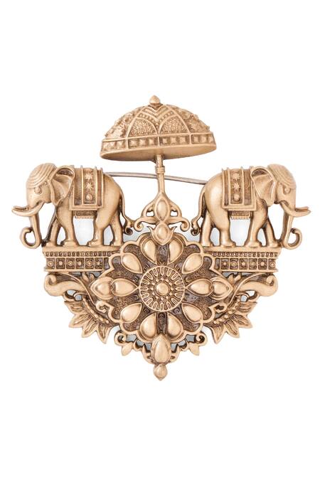 Cosa Nostraa Gold Antique Elephant Chariot Brooch Online at Aza Fashions Cosa Nostraa_Gold Antique Elephant Chariot Brooch _Online_at_Aza_Fashions