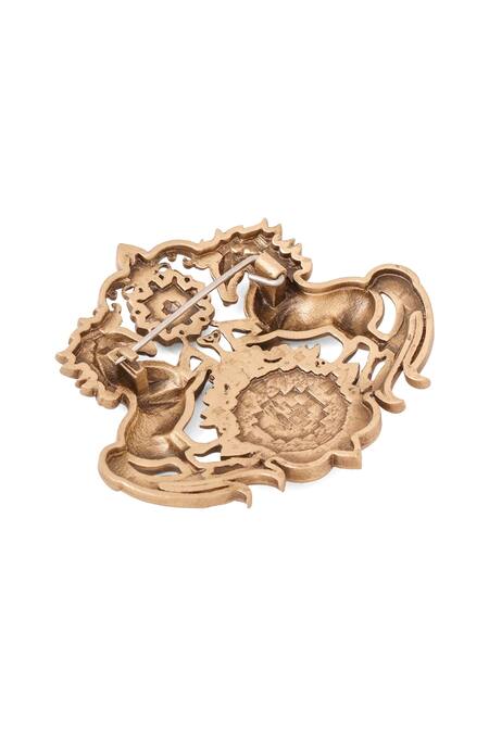 Cosa Nostraa_Gold Antique Unicorn Carved Brooch _at_Aza_Fashions