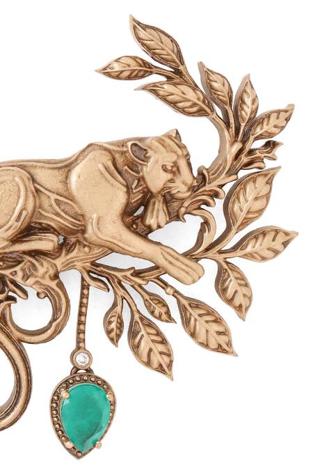Cosa Nostraa Gold Stones Antique Panther Brooch With Green Online at Aza Fashions Cosa Nostraa_Gold Stones Antique Panther Brooch With Green _Online_at_Aza_Fashions