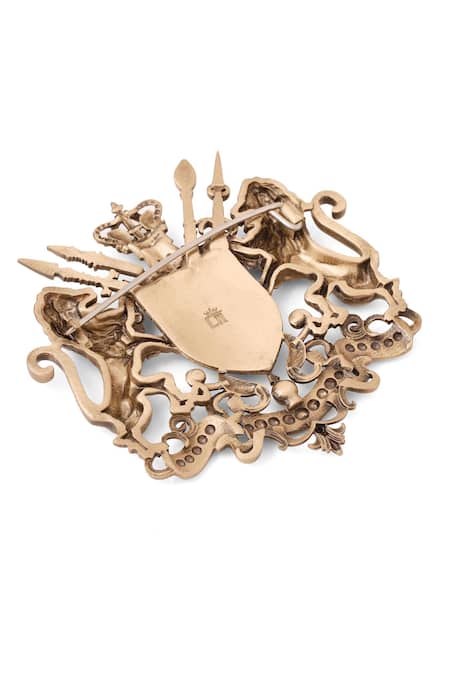 Cosa Nostraa_Gold Antique Lion Crest Brooch _at_Aza_Fashions