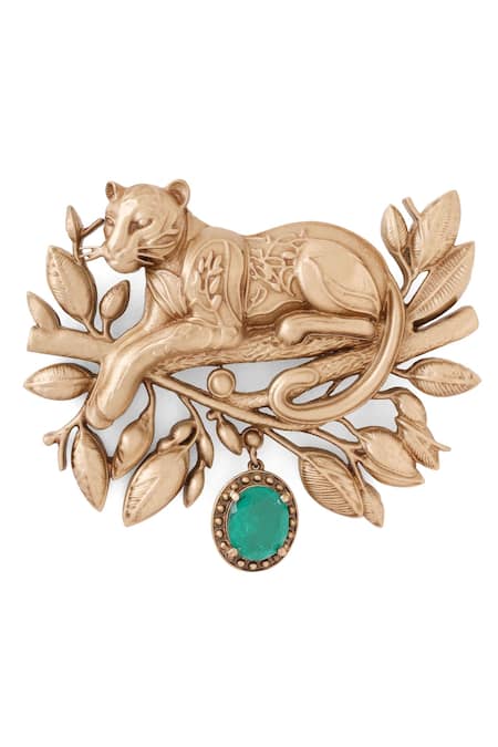 Cosa Nostraa_Gold Stones Antique Panther Drop Brooch _Online_at_Aza_Fashions