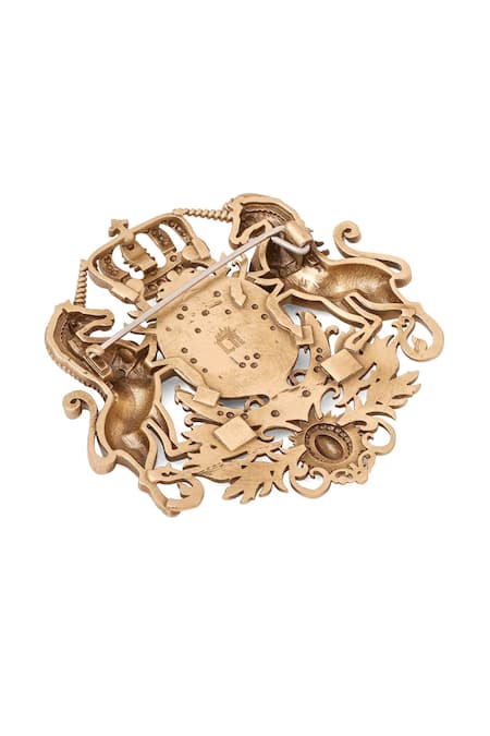 Shop_Cosa Nostraa_Gold Antique Unicorn Shield Brooch _Online_at_Aza_Fashions