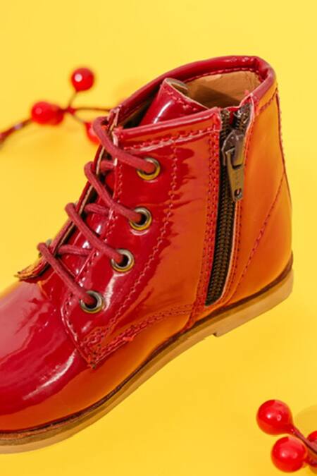 Buy_Hello JR_Red Plain Cherry Lace Up Leatherette Shoes _Online_at_Aza_Fashions