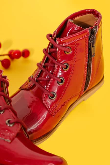 Shop_Hello JR_Red Plain Cherry Lace Up Leatherette Shoes _Online_at_Aza_Fashions