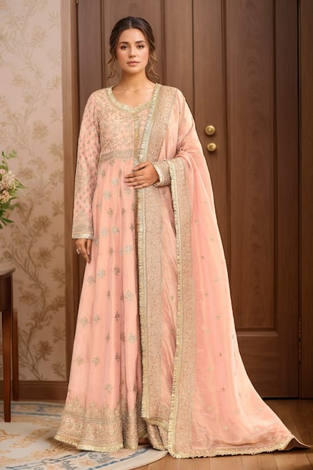 Kalighata Peach Hand Embroidered Anarkali Sharara Set 