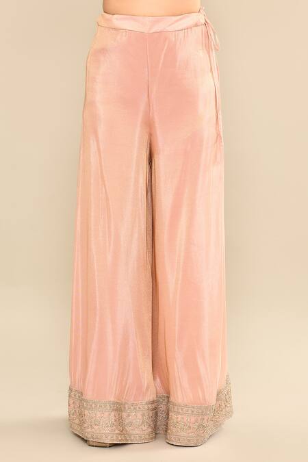 Kalighata_Peach Chanderi Sequins, Cut Work Polo Hand Embroidered Anarkali Sharara Set _Online_at_Aza_Fashions