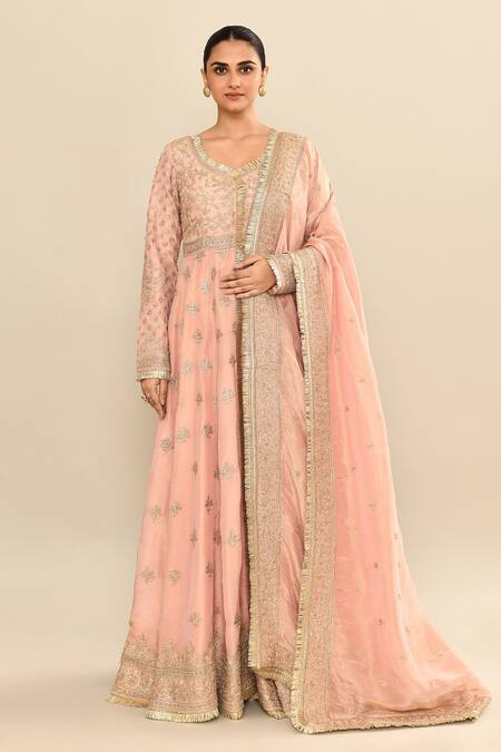 Buy_Kalighata_Peach Chanderi Sequins, Cut Work Polo Hand Embroidered Anarkali Sharara Set _Online_at_Aza_Fashions