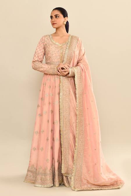 Shop_Kalighata_Peach Chanderi Sequins, Cut Work Polo Hand Embroidered Anarkali Sharara Set _Online_at_Aza_Fashions