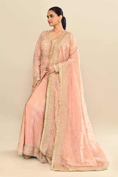 Kalighata_Peach Chanderi Sequins, Cut Work Polo Hand Embroidered Anarkali Sharara Set _at_Aza_Fashions