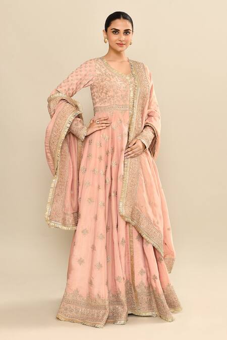 Buy_Kalighata_Peach Chanderi Sequins, Cut Work Polo Hand Embroidered Anarkali Sharara Set 