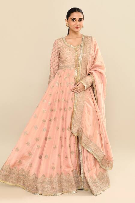 Shop Kalighata Peach Chanderi Sequins, Cut Work Polo Hand Embroidered Anarkali Sharara Set Shop_Kalighata_Peach Chanderi Sequins, Cut Work Polo Hand Embroidered Anarkali Sharara Set