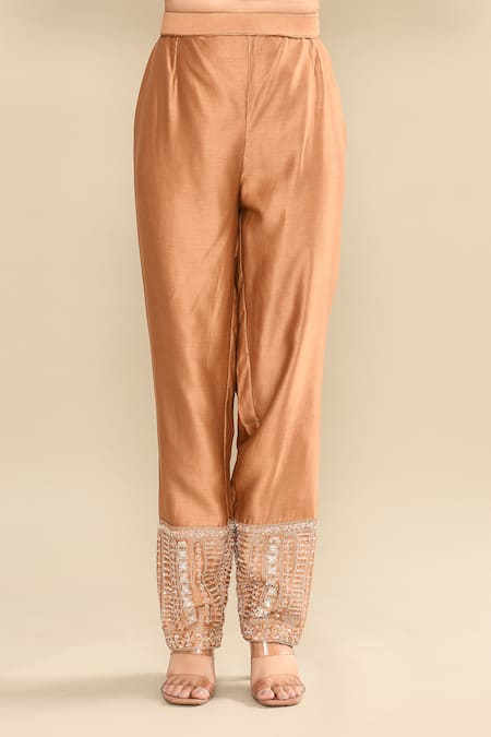 Kalighata_Gold Chanderi Sequins, Cut Work, Embroidery Round Neck Hand Kurta Set _Online_at_Aza_Fashions