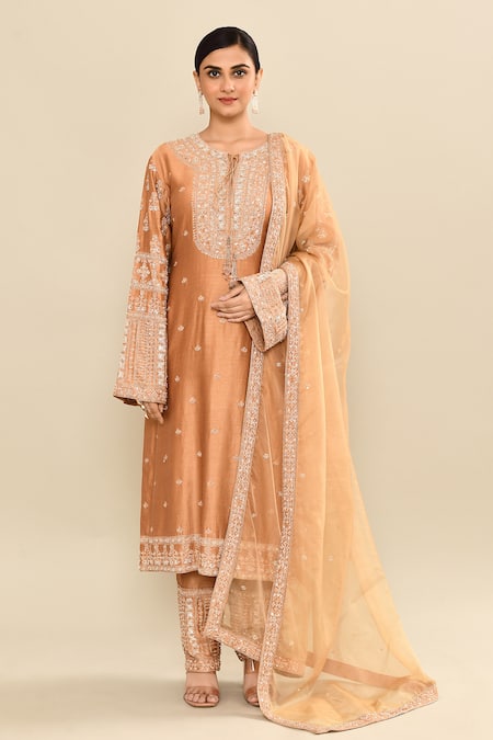 Buy_Kalighata_Gold Chanderi Sequins, Cut Work, Embroidery Round Neck Hand Kurta Set _Online_at_Aza_Fashions