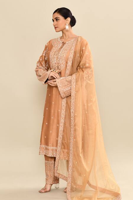 Kalighata_Gold Chanderi Sequins, Cut Work, Embroidery Round Neck Hand Kurta Set _at_Aza_Fashions