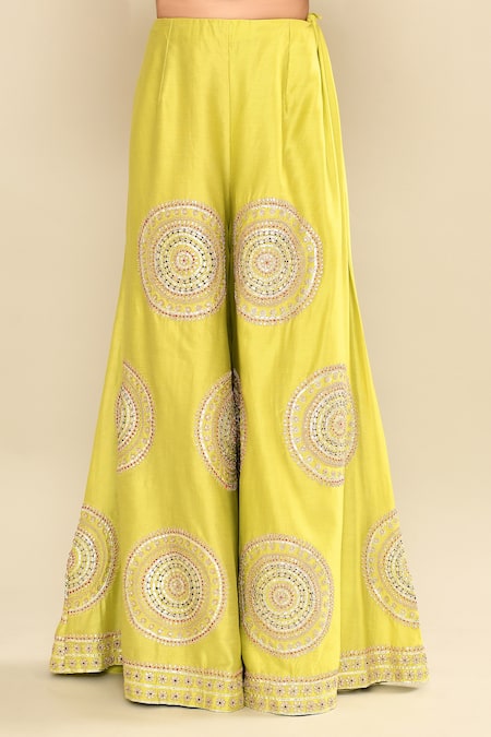 Kalighata_Green Chanderi Sequins, Cut Work, Embroidery Polo Hand Jacket And Sharara Set _Online_at_Aza_Fashions