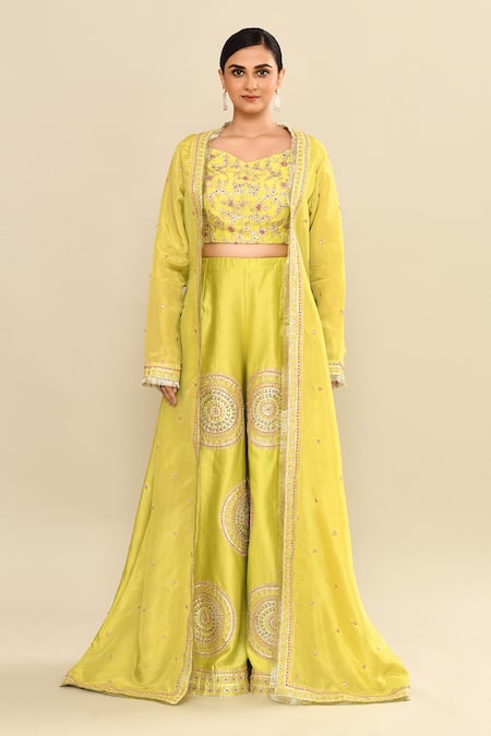 Shop_Kalighata_Green Chanderi Sequins, Cut Work, Embroidery Polo Hand Jacket And Sharara Set _Online_at_Aza_Fashions