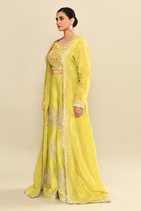 Buy_Kalighata_Green Chanderi Sequins, Cut Work, Embroidery Polo Hand Jacket And Sharara Set 