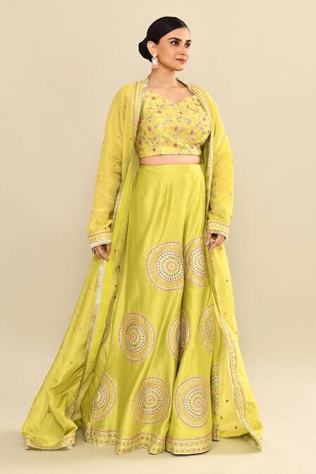 Shop Kalighata Green Chanderi Sequins, Cut Work, Embroidery Polo Hand Jacket And Sharara Set Shop_Kalighata_Green Chanderi Sequins, Cut Work, Embroidery Polo Hand Jacket And Sharara Set