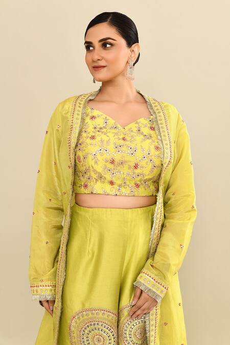 Buy Green Chanderi Sequins, Cut Work, Embroidery Polo Hand Jacket
