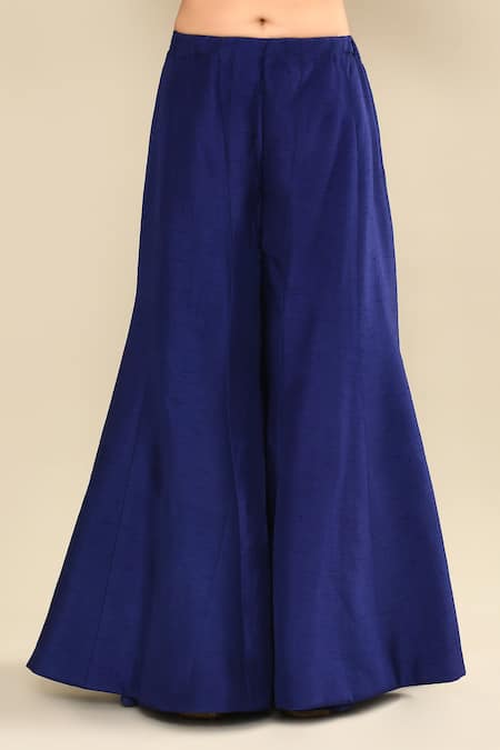 Kalighata_Blue Silk Cut Work, Sequins V-neck Navy Peplum Embroidered Kurta Set _Online_at_Aza_Fashions