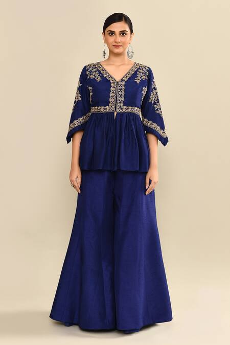 Buy_Kalighata_Blue Silk Cut Work, Sequins V-neck Navy Peplum Embroidered Kurta Set _Online_at_Aza_Fashions