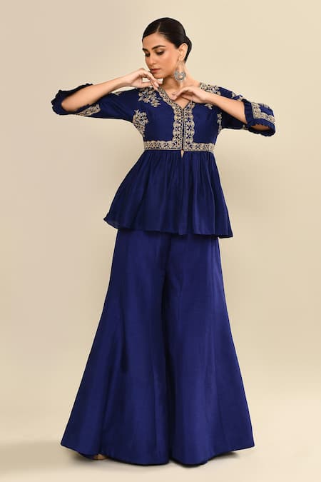 Shop_Kalighata_Blue Silk Cut Work, Sequins V-neck Navy Peplum Embroidered Kurta Set _Online_at_Aza_Fashions
