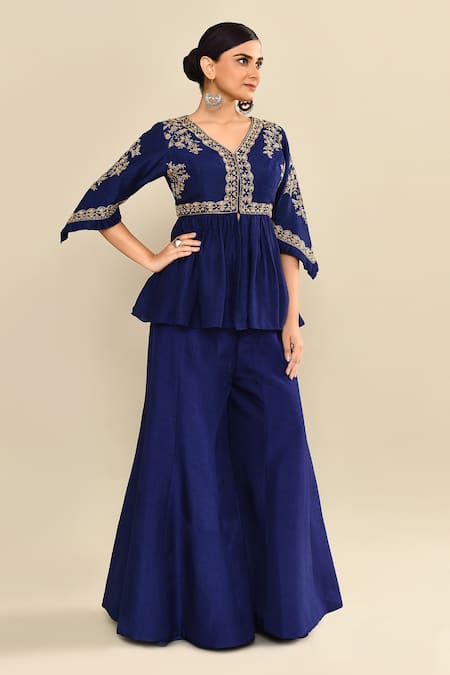 Buy_Kalighata_Blue Silk Cut Work, Sequins V-neck Navy Peplum Embroidered Kurta Set 