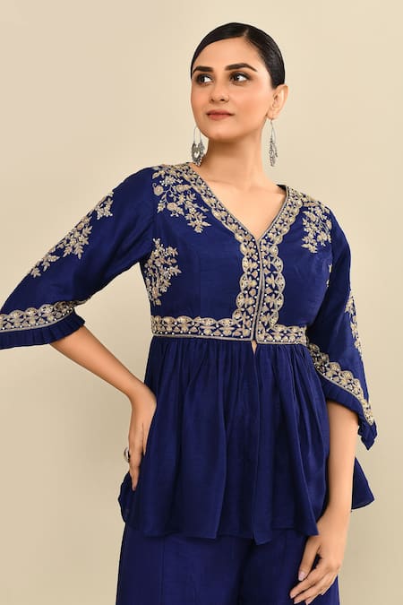 Shop_Kalighata_Blue Silk Cut Work, Sequins V-neck Navy Peplum Embroidered Kurta Set 