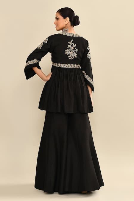 Kalighata Black Floral Embroidered Peplum Kurta Set 