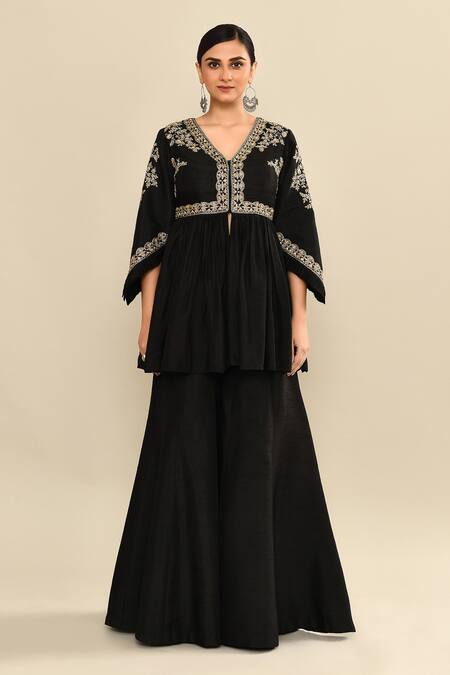 Kalighata_Black Silk Sequins, Cut Work V-neck Floral Embroidered Peplum Kurta Set _Online_at_Aza_Fashions