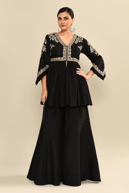 Buy_Kalighata_Black Silk Sequins, Cut Work V-neck Floral Embroidered Peplum Kurta Set _Online_at_Aza_Fashions