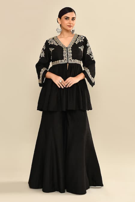 Shop_Kalighata_Black Silk Sequins, Cut Work V-neck Floral Embroidered Peplum Kurta Set _Online_at_Aza_Fashions