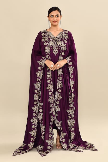 Buy_Kalighata_Purple Silk Embroidery Floral Cape Front Open Kaftan And Set _Online_at_Aza_Fashions