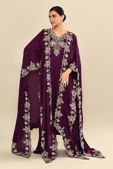 Shop_Kalighata_Purple Silk Embroidery Floral Cape Front Open Kaftan And Set _Online_at_Aza_Fashions