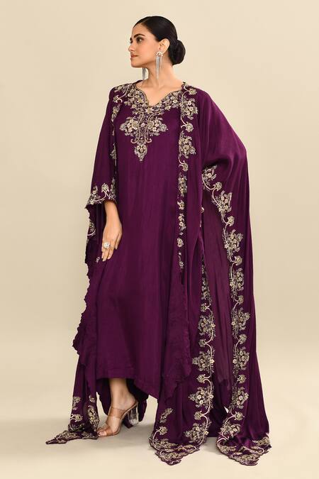 Kalighata_Purple Silk Embroidery Floral Cape Front Open Kaftan And Set _at_Aza_Fashions