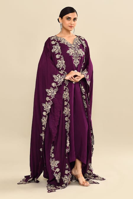Buy_Kalighata_Purple Silk Embroidery Floral Cape Front Open Kaftan And Set 