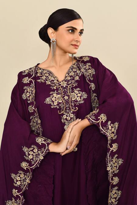 Shop_Kalighata_Purple Silk Embroidery Floral Cape Front Open Kaftan And Set 
