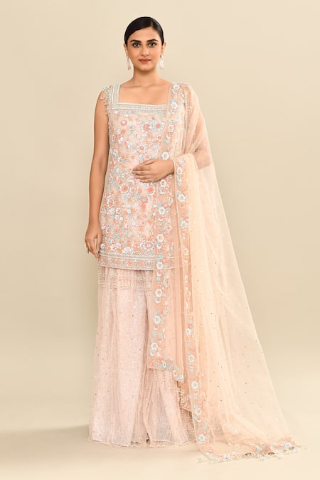 Kalighata_Pink Net Embroidery, Sequins Square Neck Floral Cutdana Kurta Sharara Set _Online_at_Aza_Fashions