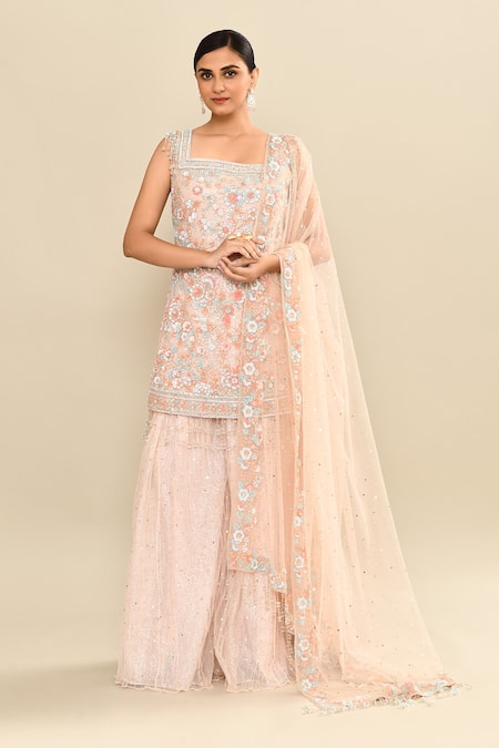 Buy_Kalighata_Pink Net Embroidery, Sequins Square Neck Floral Cutdana Kurta Sharara Set _Online_at_Aza_Fashions